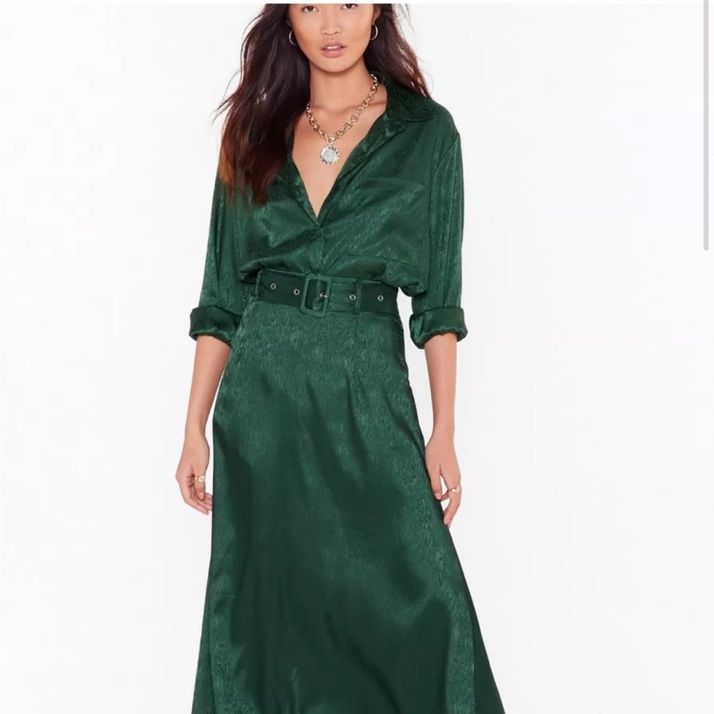 Nasty gal dark green button up satin effect blouse, US 6